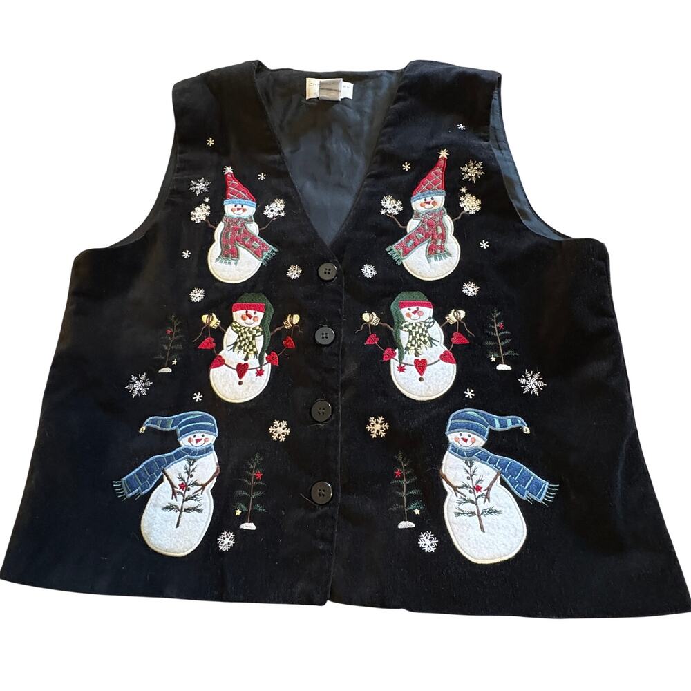 Black Velvet Christopher & Banks Holiday Vest Christmas Winter Snowman Mittens L